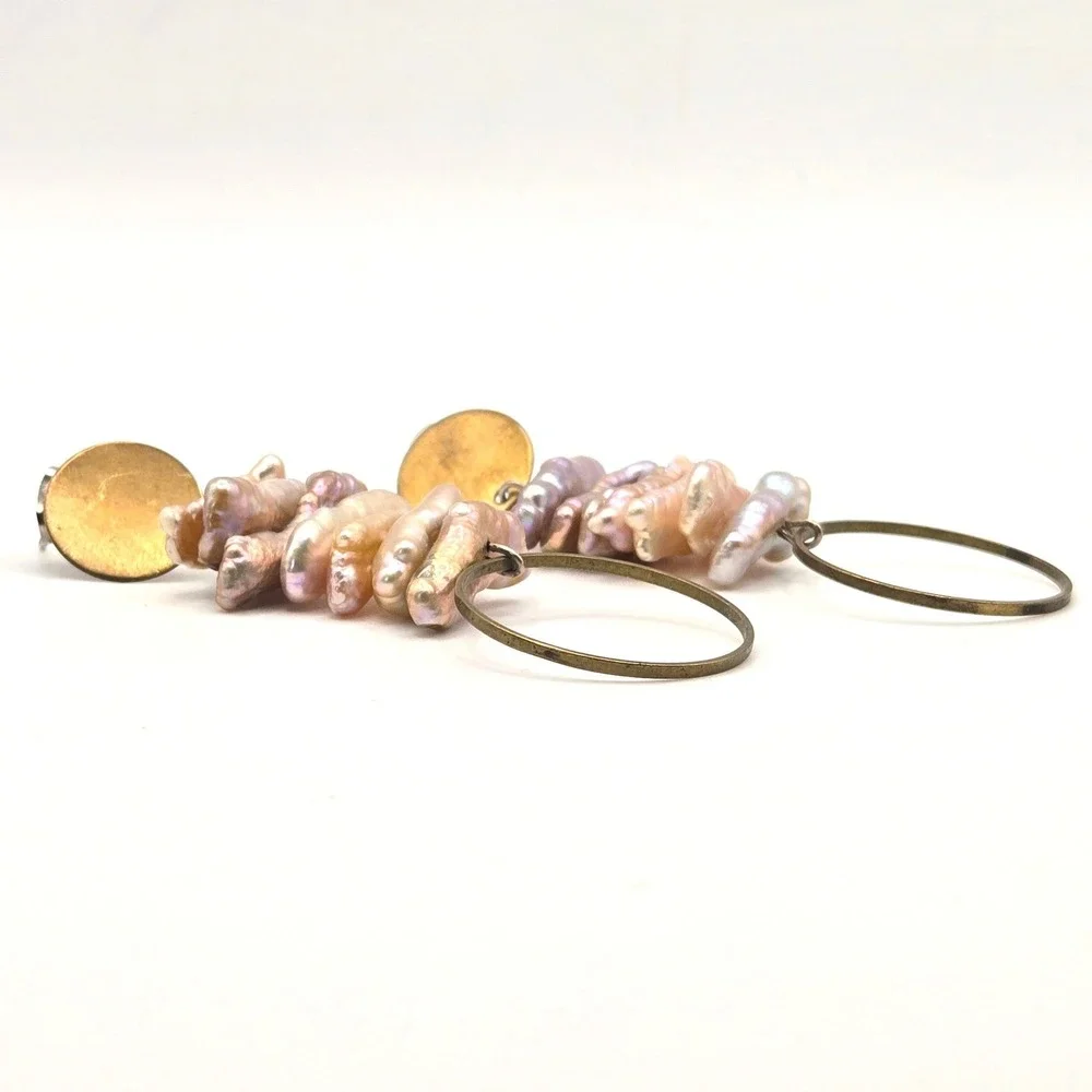 Biwa Freshwater‎ Stick Pearl Stacked Drop Earrings Brass Hoops Modern Artisan